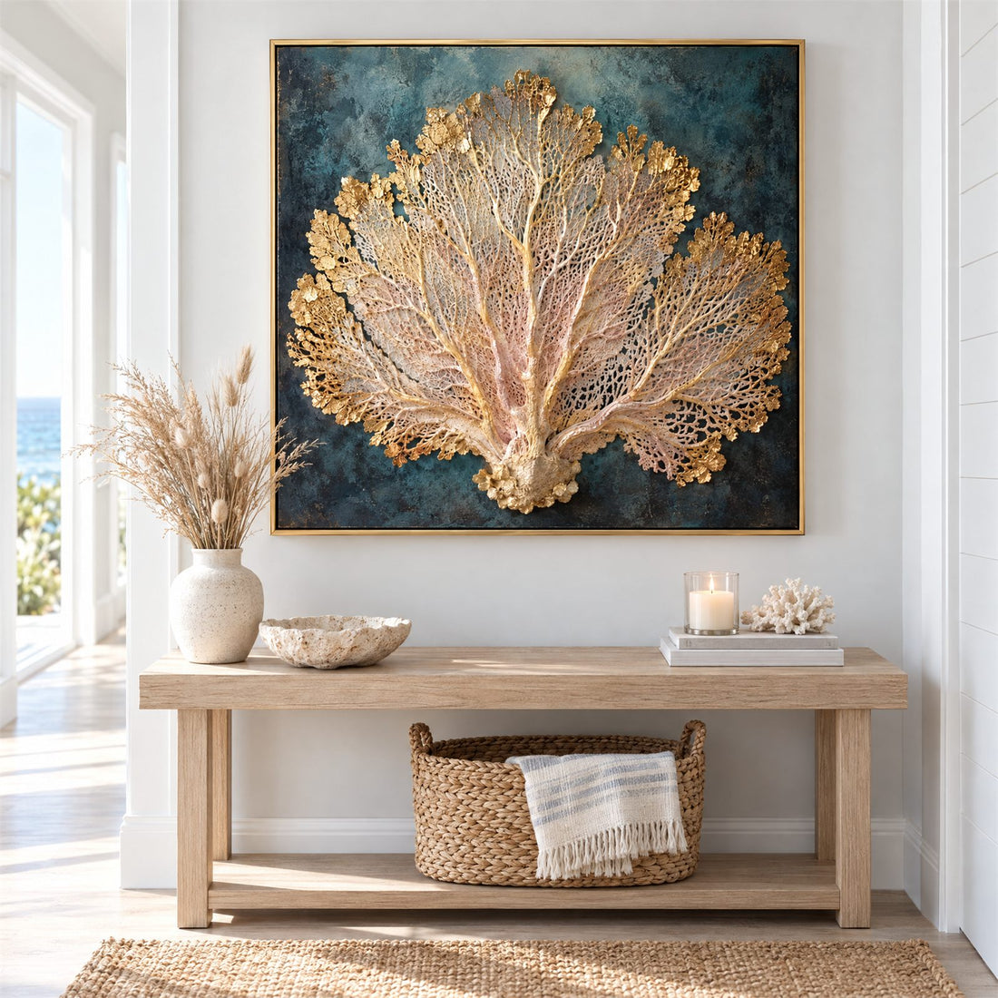 Sea fan coral canvas above a console table in an entryway
