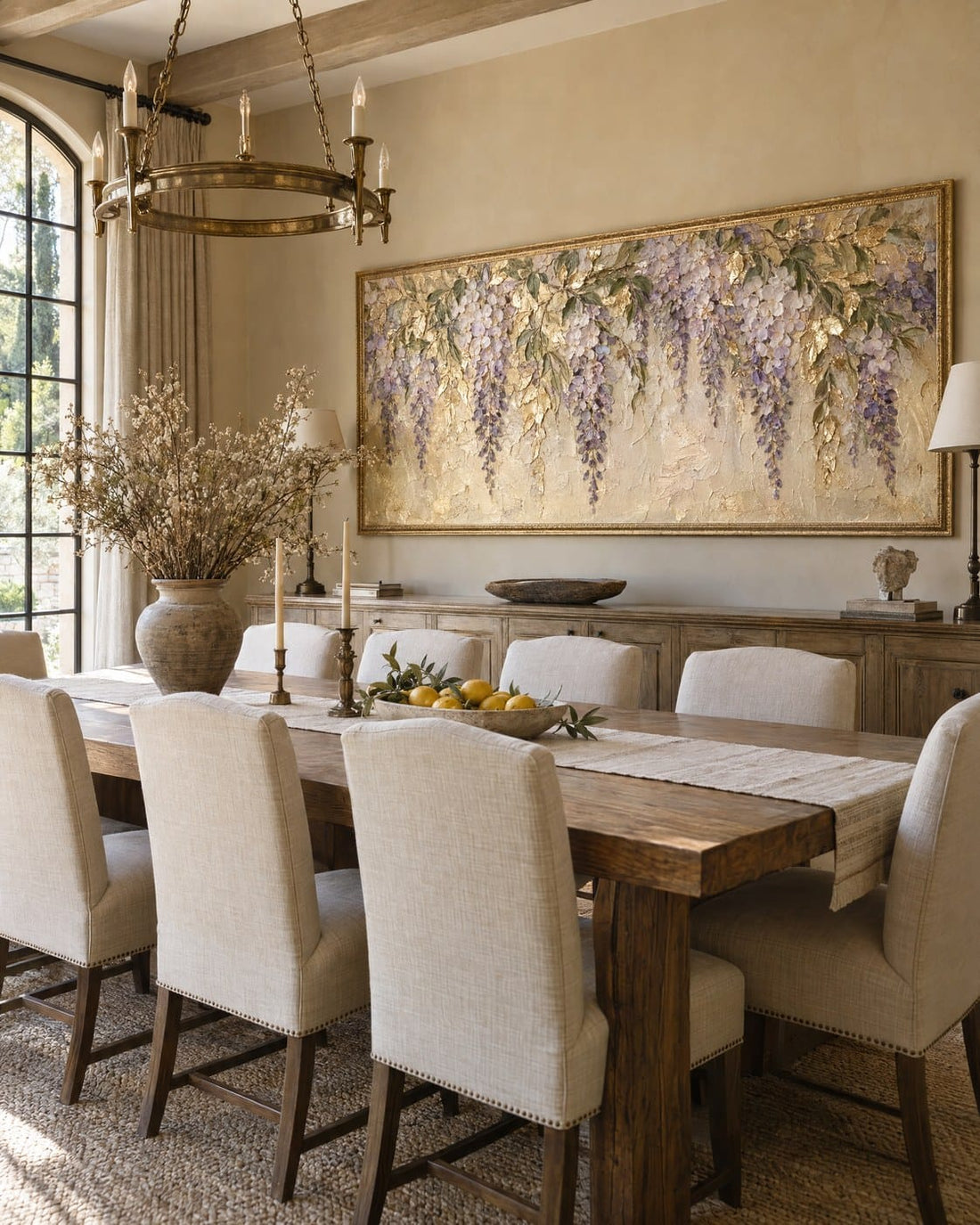 Golden Wisteria Wall Art – Oversized Panoramic Textured Look Canvas for Dining Room