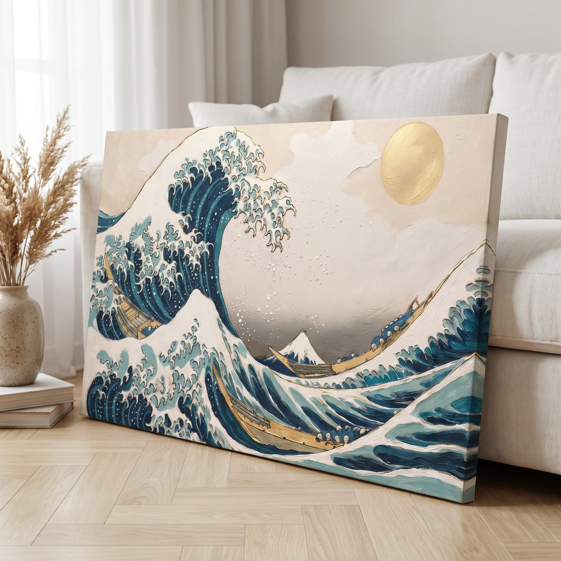 Close-up of the great wave canvas showing gold leaf and textured foam