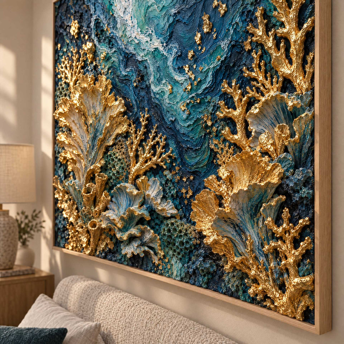 Teal and Gold Wall Art – Oversized Coral Reef Textured Look Canvas for Living Room and Bathroom