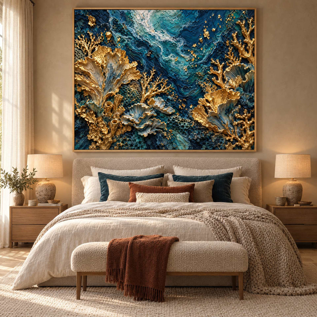 Teal and Gold Wall Art – Oversized Coral Reef Textured Look Canvas for Living Room and Bathroom