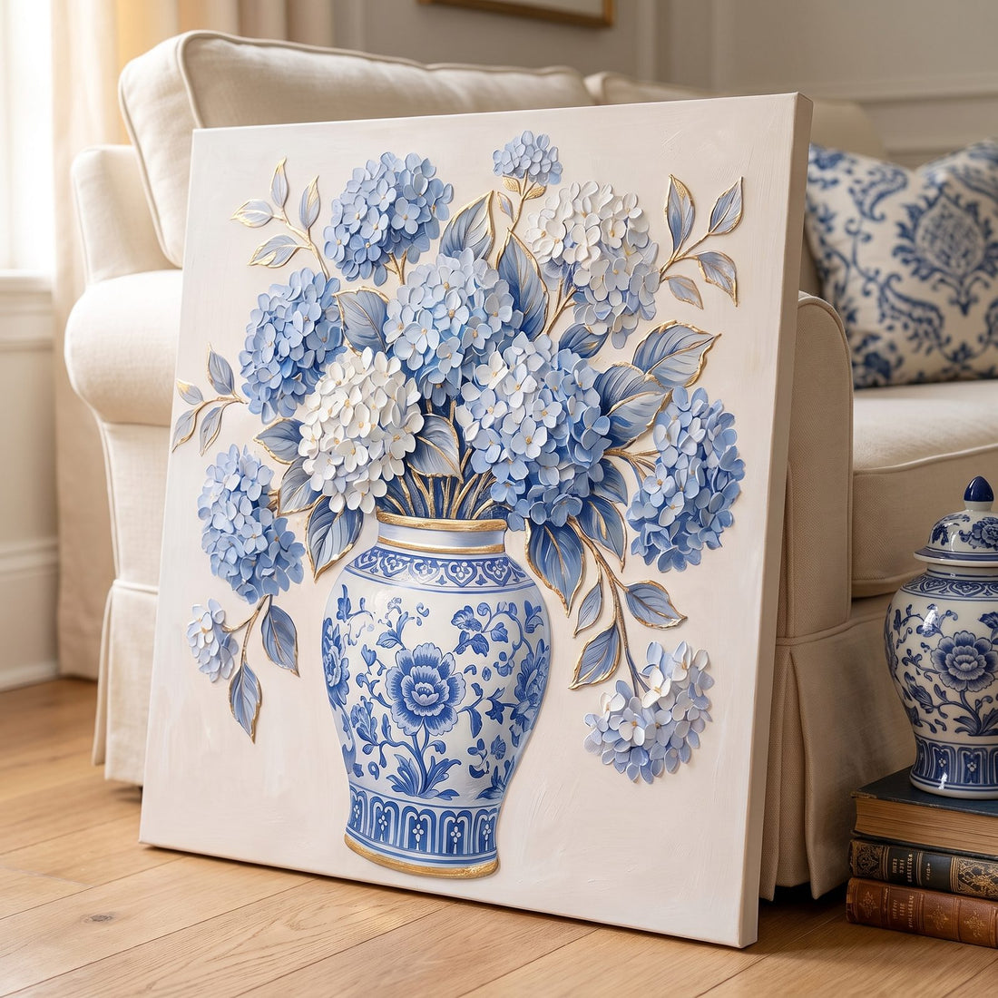 Close-up of the ginger jar canvas showing sculpted hydrangea florets