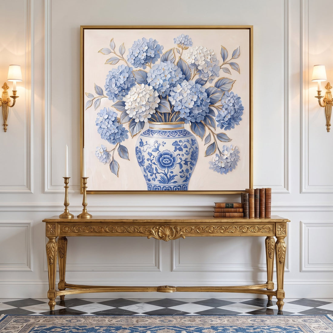 Ginger jar canvas above a gilded console in a white panelled foyer