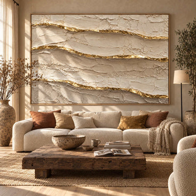Ivory and Gold Wall Art – Oversized Layered Strata Textured Look Canvas for Bedroom and Living Room