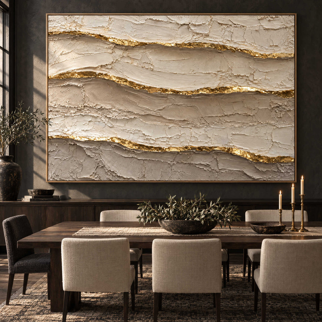 Ivory and Gold Wall Art – Oversized Layered Strata Textured Look Canvas for Bedroom and Living Room