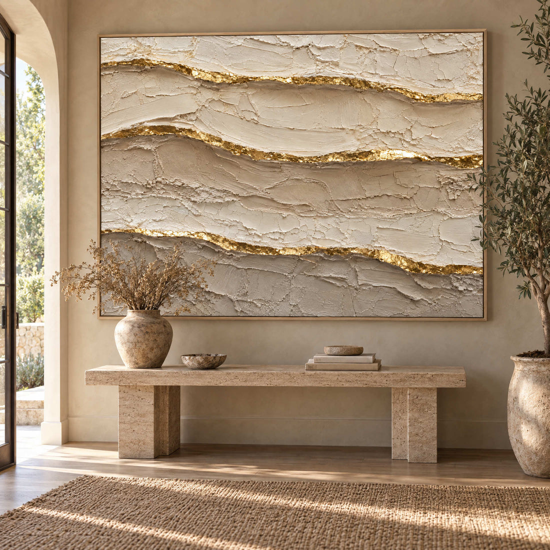 Ivory and Gold Wall Art – Oversized Layered Strata Textured Look Canvas for Bedroom and Living Room