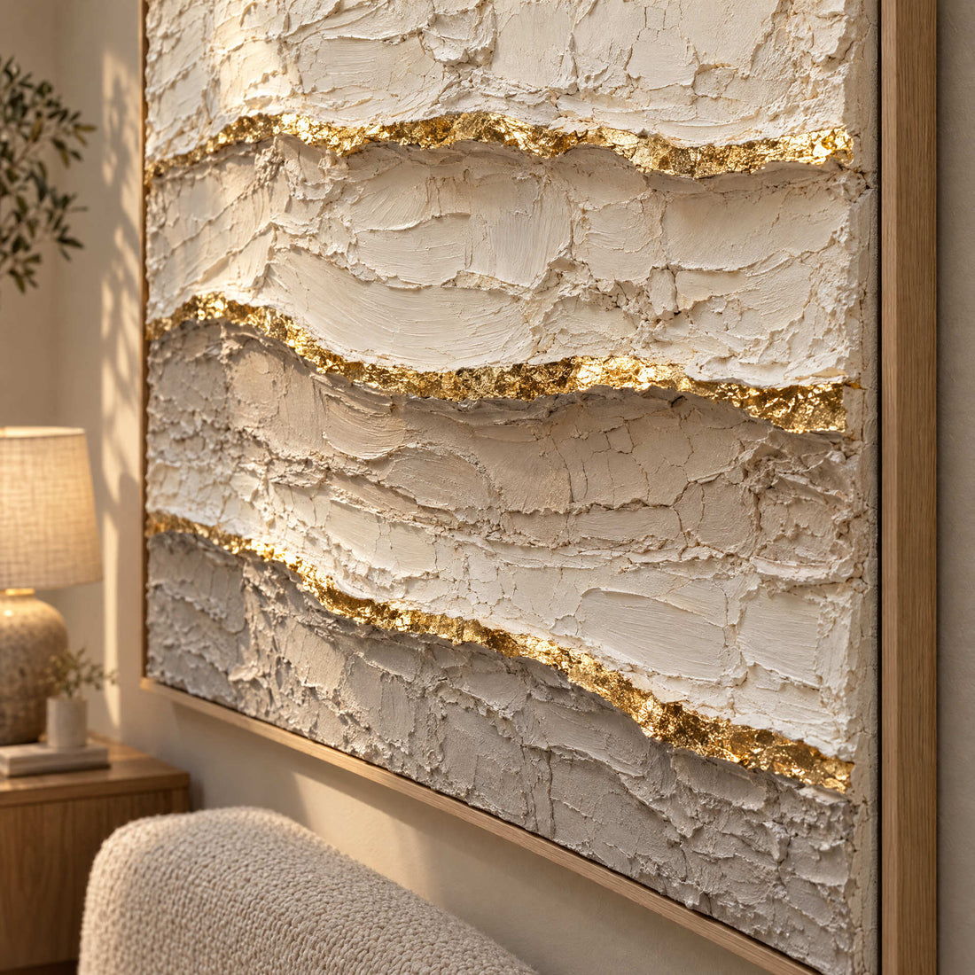 Ivory and Gold Wall Art – Oversized Layered Strata Textured Look Canvas for Bedroom and Living Room