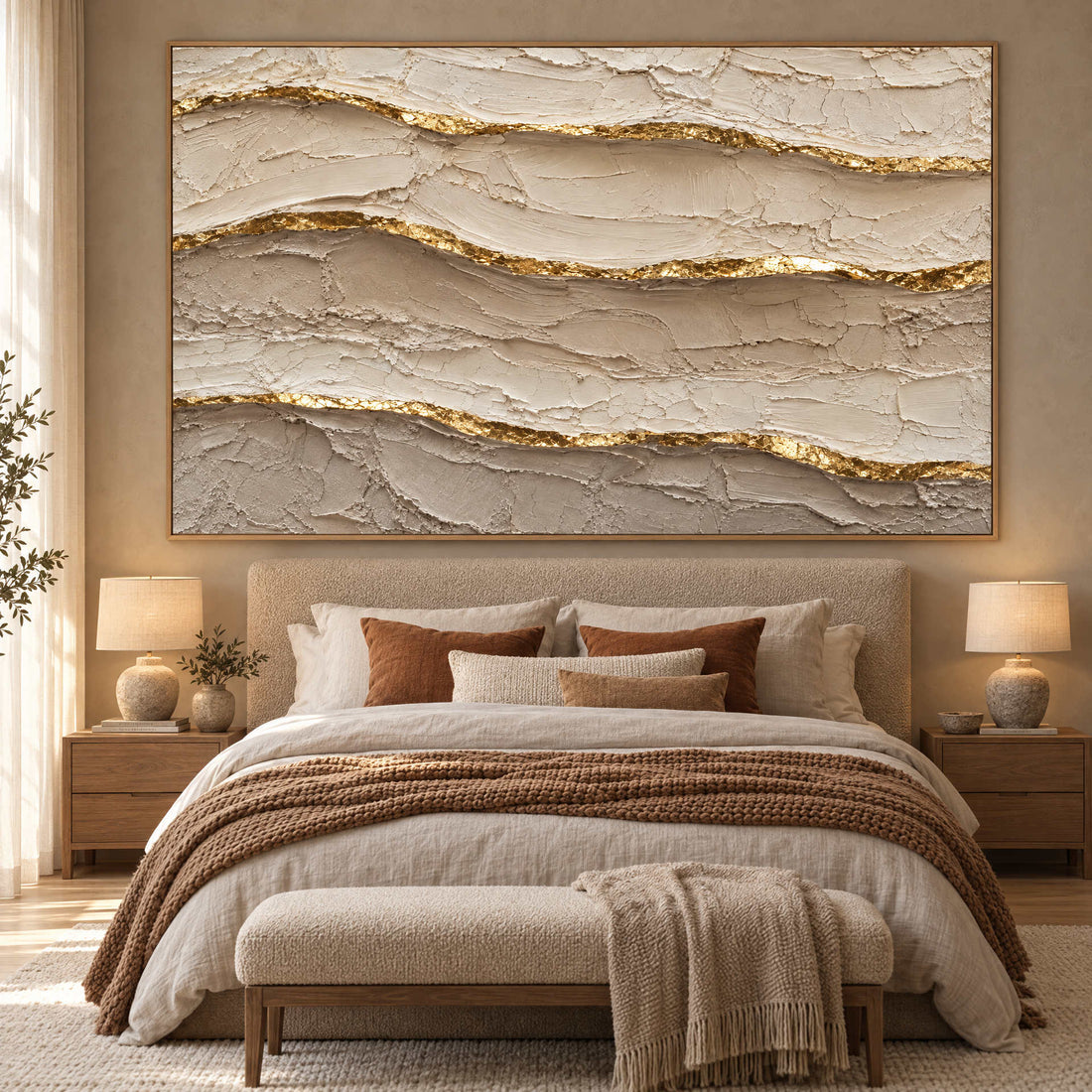 Ivory and Gold Wall Art – Oversized Layered Strata Textured Look Canvas for Bedroom and Living Room