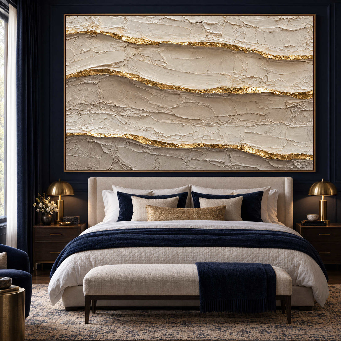 Ivory and Gold Wall Art – Oversized Layered Strata Textured Look Canvas for Bedroom and Living Room
