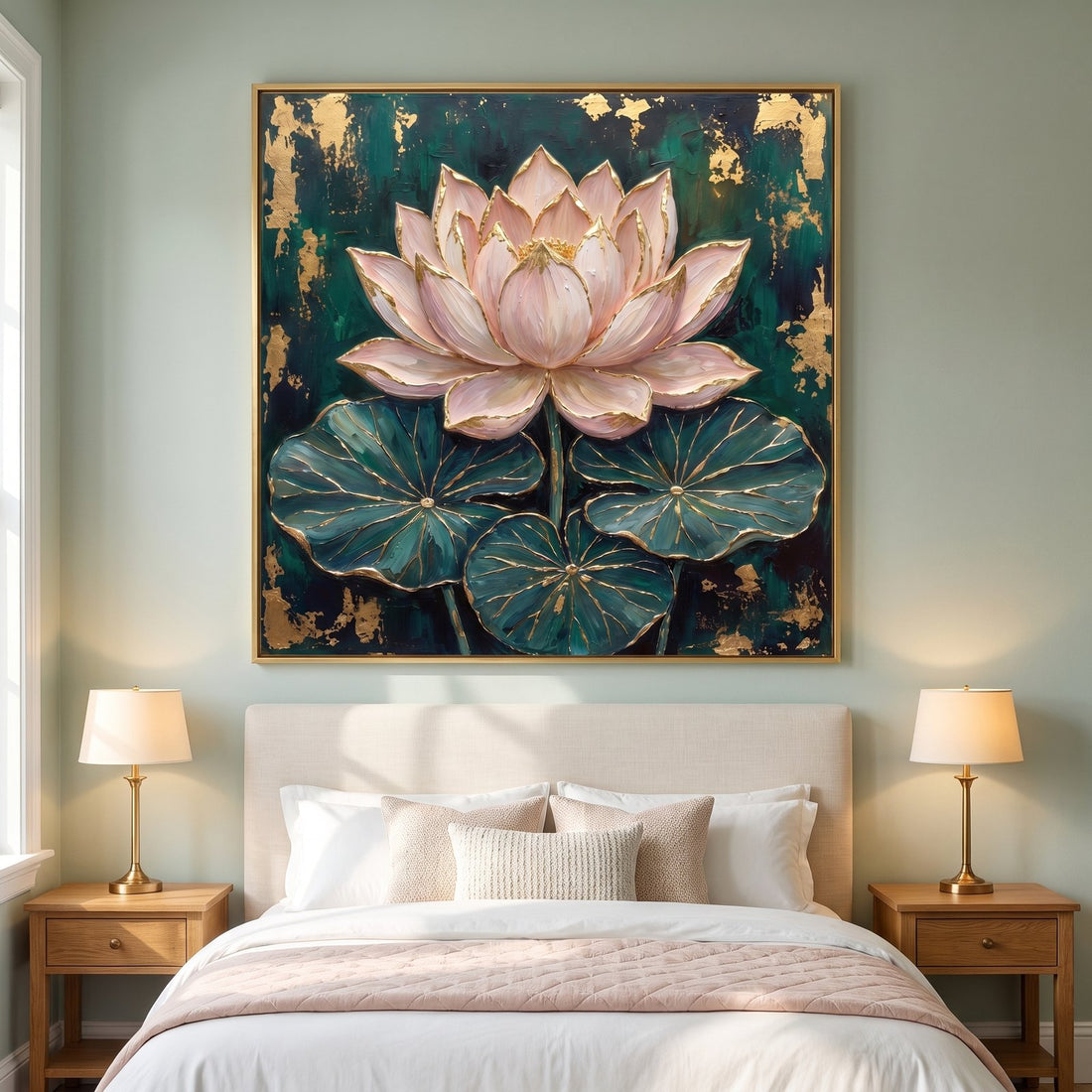 Pink and emerald lotus wall art above the bed in a sage bedroom