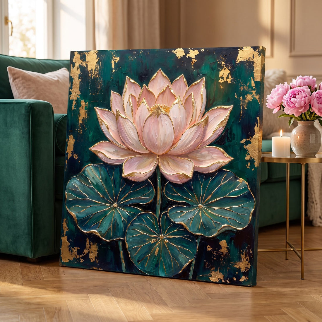 Close-up of the lotus canvas showing sculpted petals and gold leaf