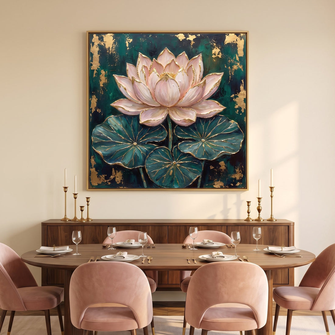 Lotus canvas above a walnut sideboard in a dining room with blush velvet chairs