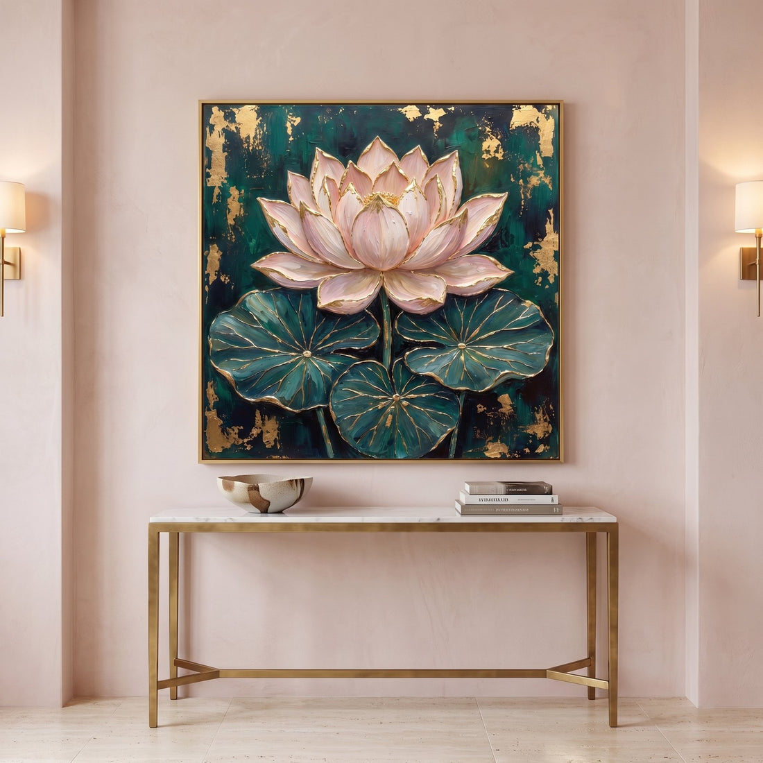 Lotus canvas above a brass and marble console in a blush entryway