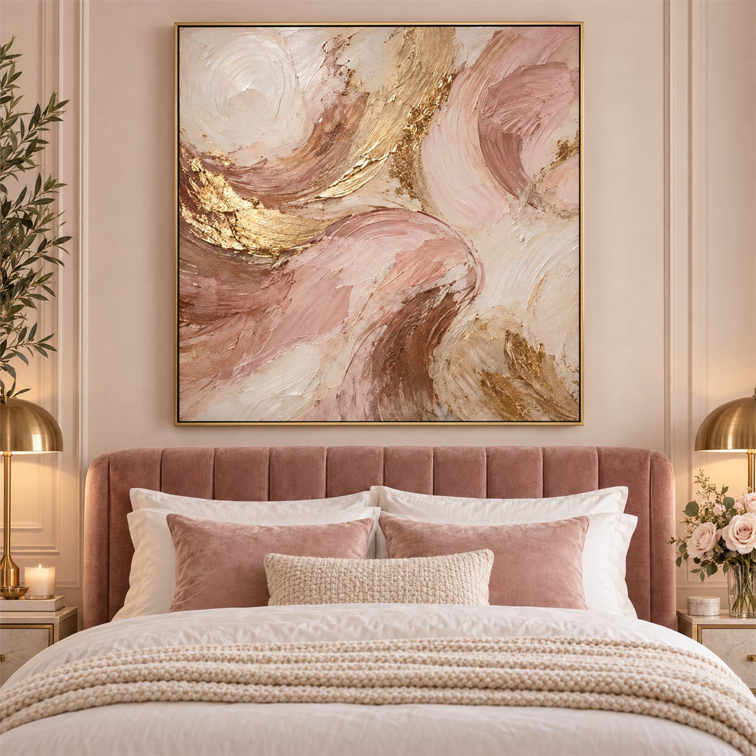 Pink and gold abstract canvas centred above a bed