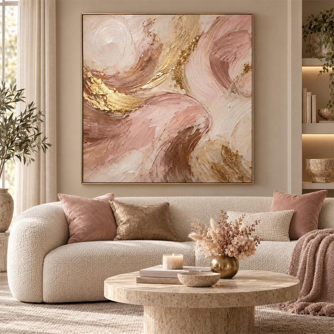 Blush pink and gold abstract canvas above a cream boucle sofa in a warm living room