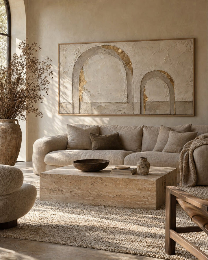 Arch Wall Art – Oversized Panoramic Plaster and Gold Textured Look Canvas for Living Room