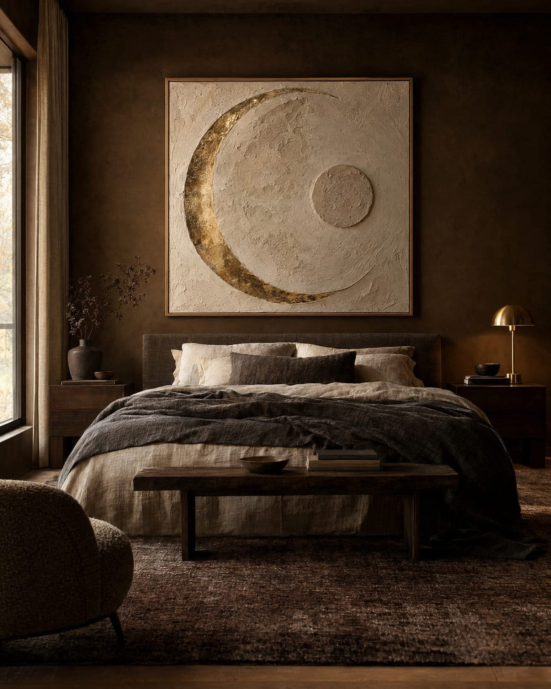 Moon Wall Art – Oversized Gilded Crescent Plaster Textured Look Canvas for Bedroom