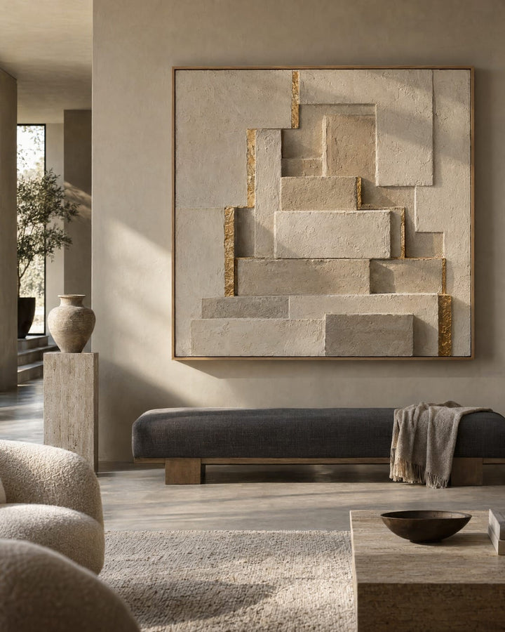 Stone Wall Art – Oversized Stepped Relief Textured Look Canvas with Gold Seams for Living Room