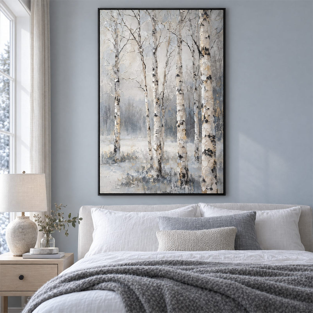 Birch tree winter forest canvas above a bed in a grey bedroom