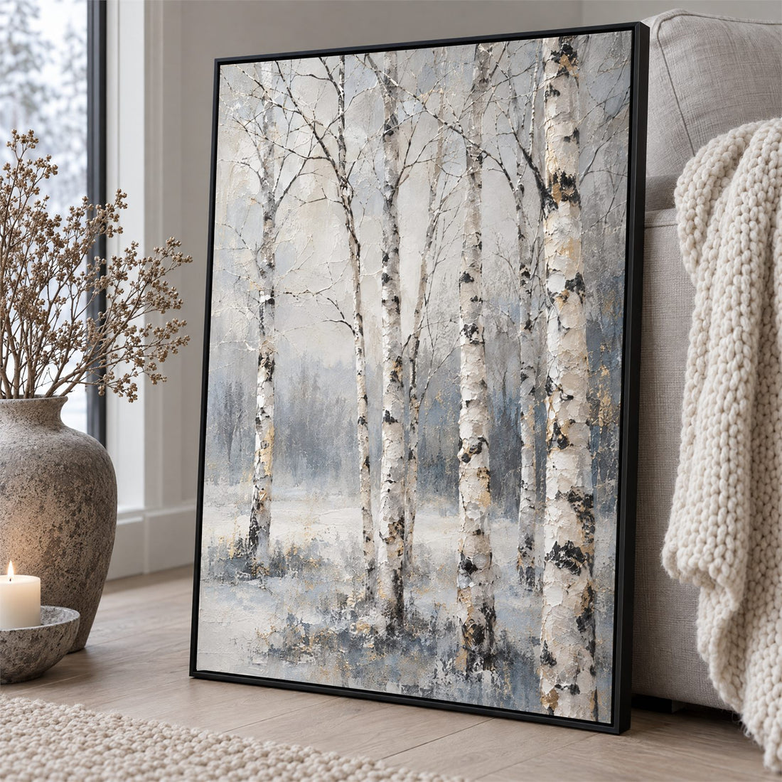Close view of the birch canvas showing the thick broken bark strokes and gold flecks