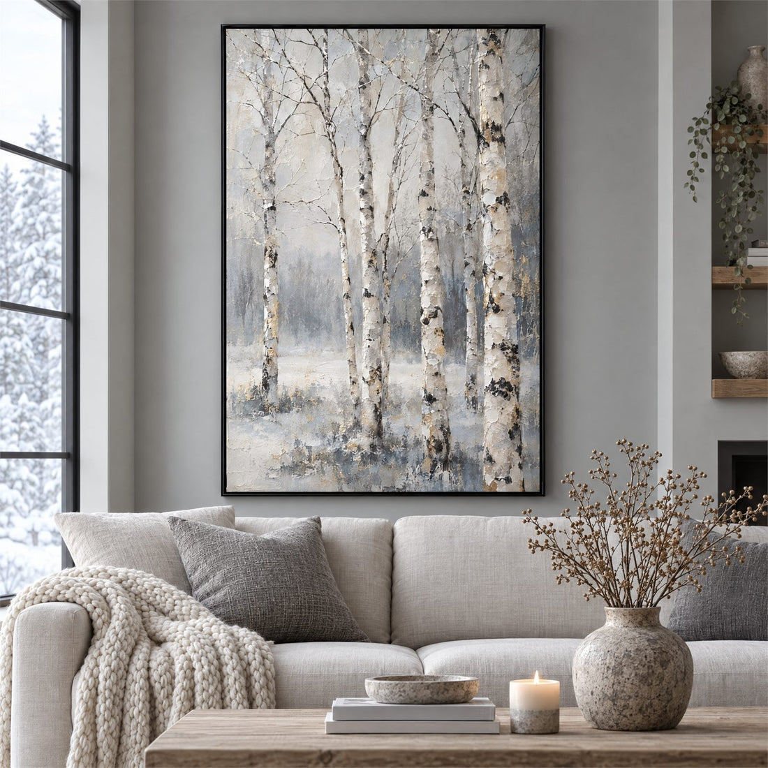 White and grey birch forest canvas in a black frame above a linen sofa in a winter living room