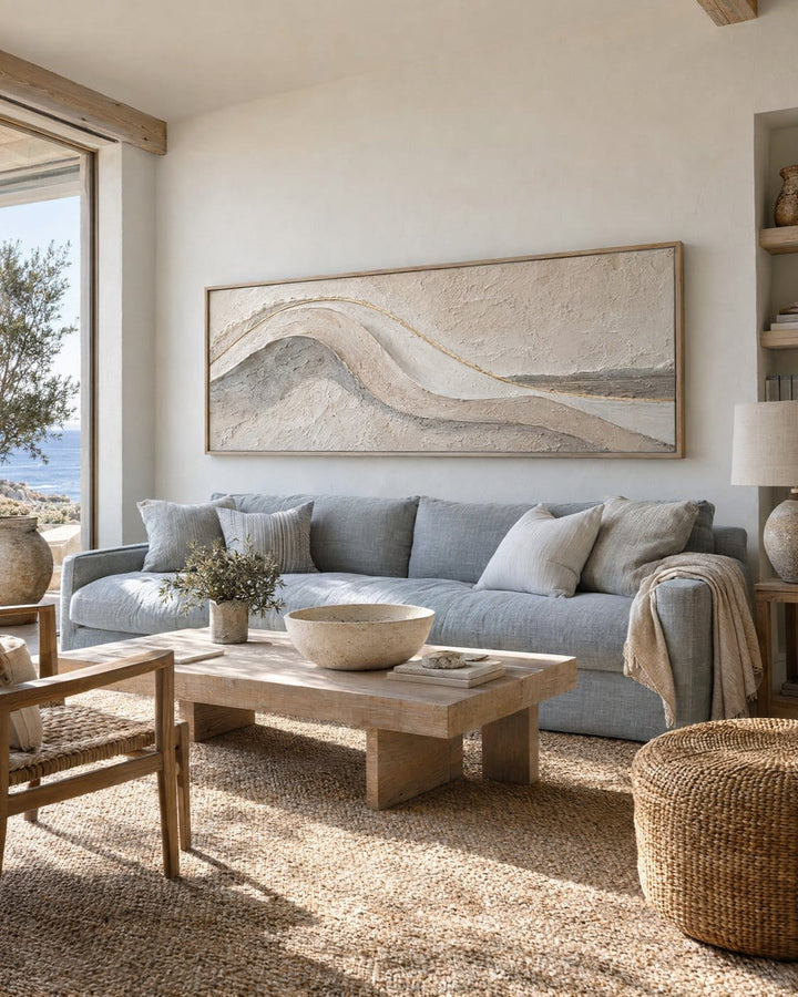 Coastal Wall Art – Oversized Panoramic Sculpted Wave Textured Look Canvas for Living Room