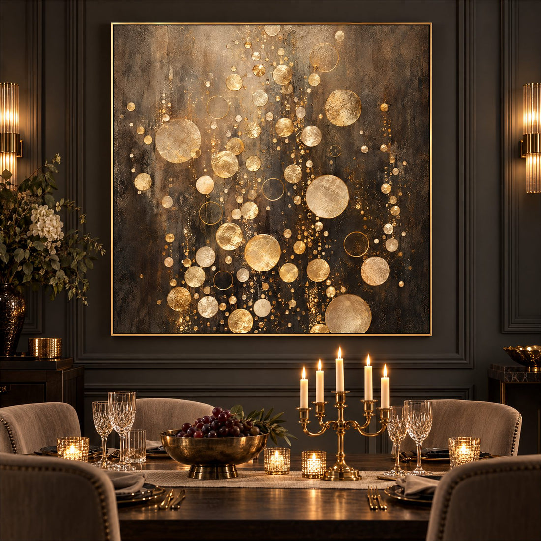 Champagne bubbles gold canvas hanging above a sideboard in a dining room