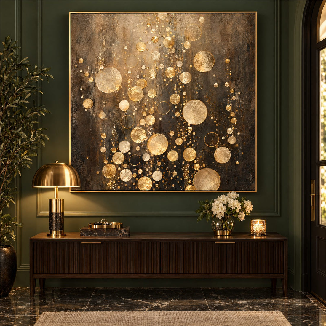 Champagne bubbles canvas above a console table in an entryway