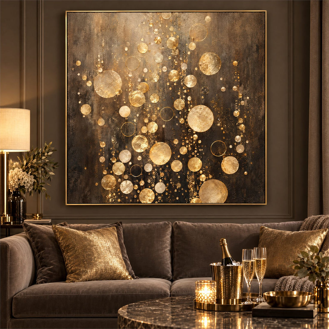 Gold and black abstract canvas in a dark panelled lounge