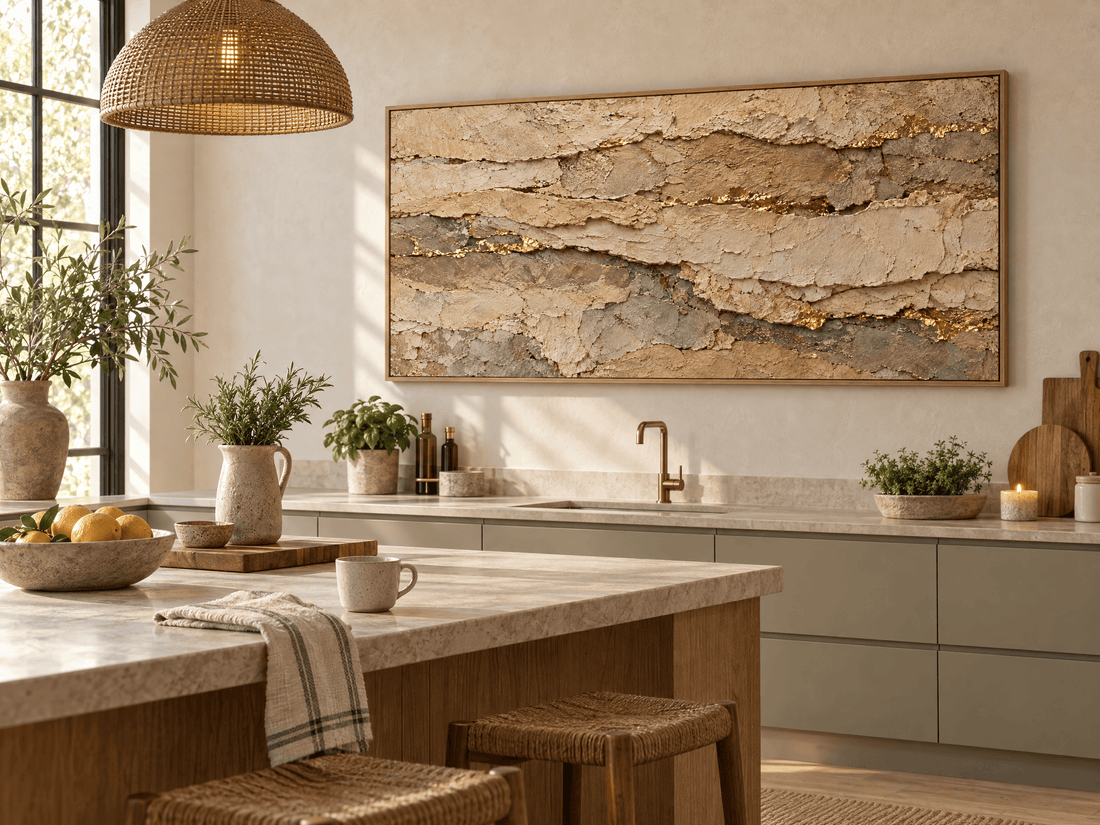 Sandstone and gold textured canvas in a sage and oak kitchen