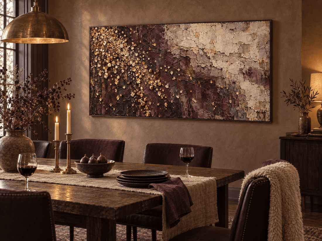 Plum and cream canvas with gold leaf above a walnut dining table