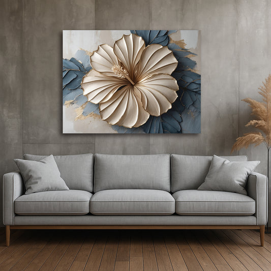 Beige Harmony Canvas Print – Modern Floral Wall Art with Sculpted Look on Blue & Gold (Flat Canvas)