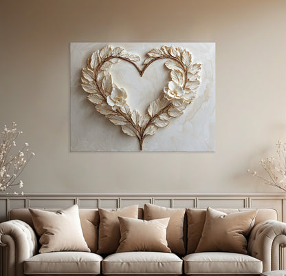 Romantic Leaf Heart Wall Art – Elegant Neutral Floral Canvas for Bedroom Decor