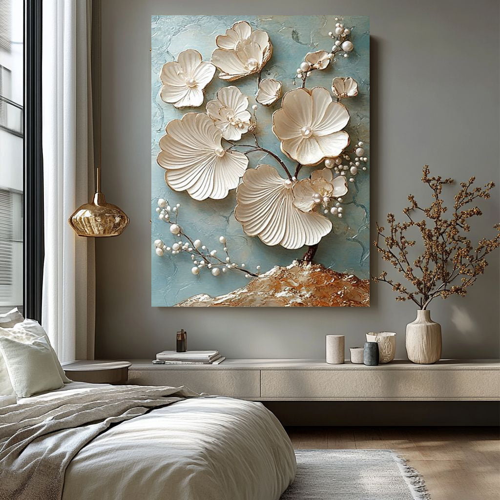 Elegant Cream Blossom Wall Art – Modern Floral Print for Bedroom & Living Room Décor