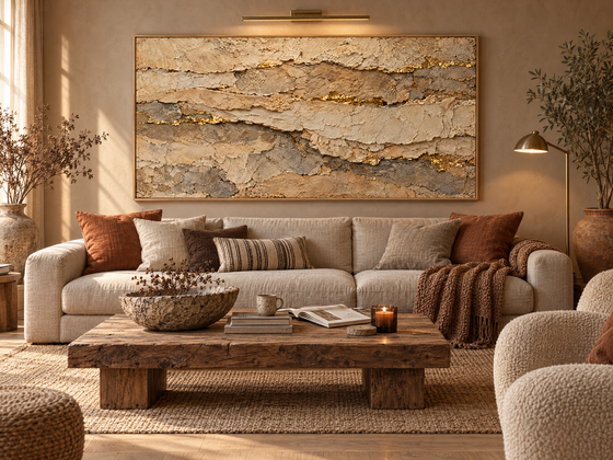 Sandstone Wall Art – Oversized Beige and Gold Layered Stone Textured Look Canvas for Living Room
