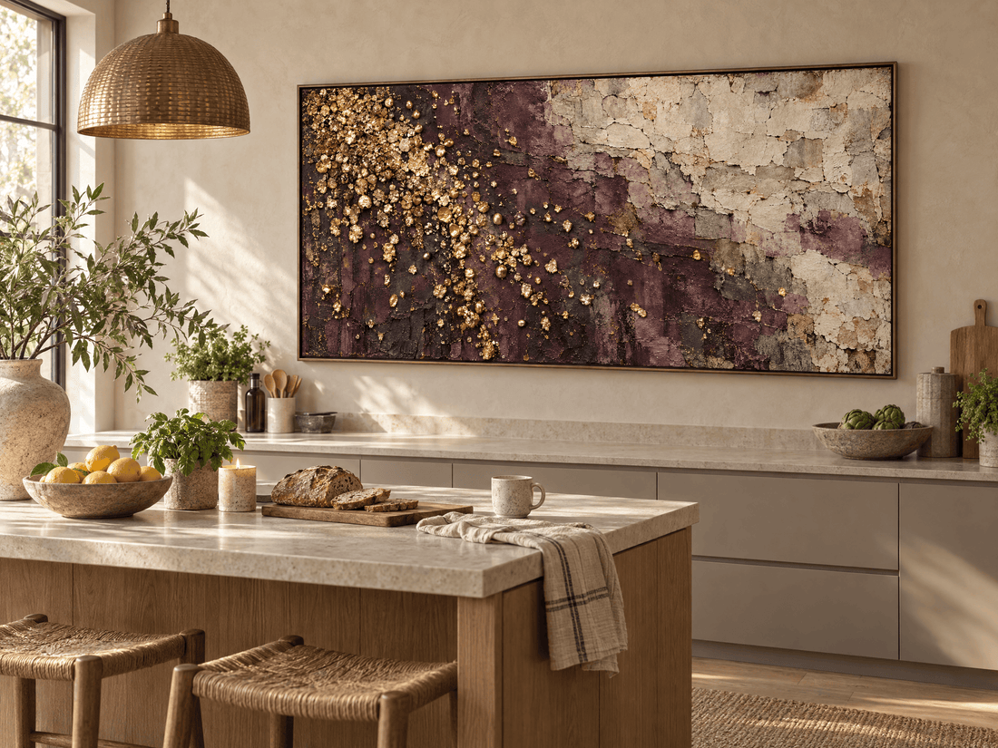 Aubergine and gold leaf canvas in a pale kitchen