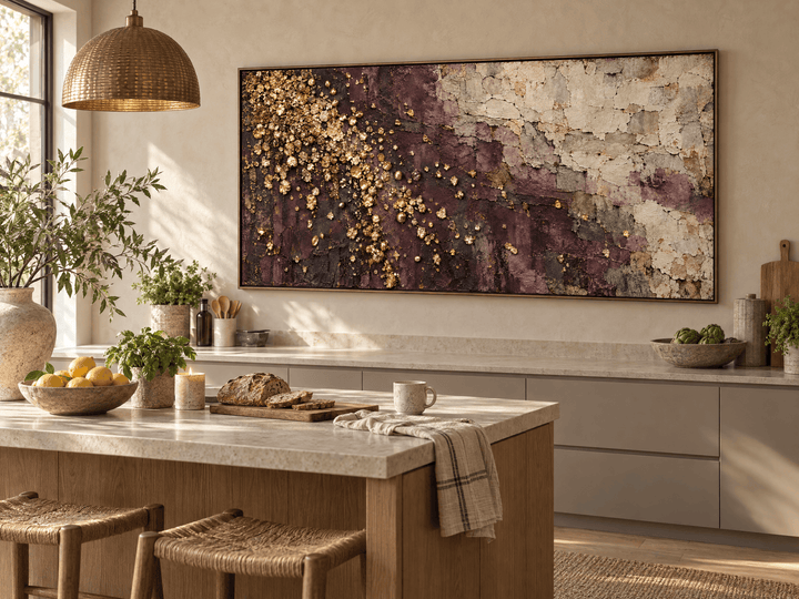Aubergine and gold leaf canvas in a pale kitchen