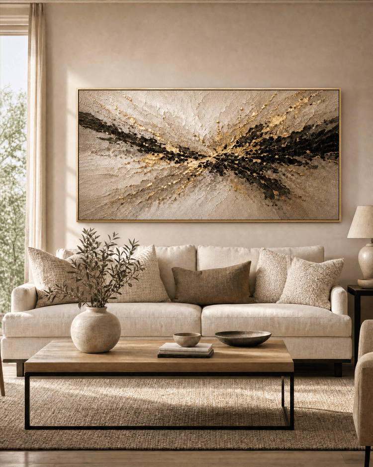 Gold and black abstract relief canvas in a gold frame, hung above a cream sofa in a sunlit living room
