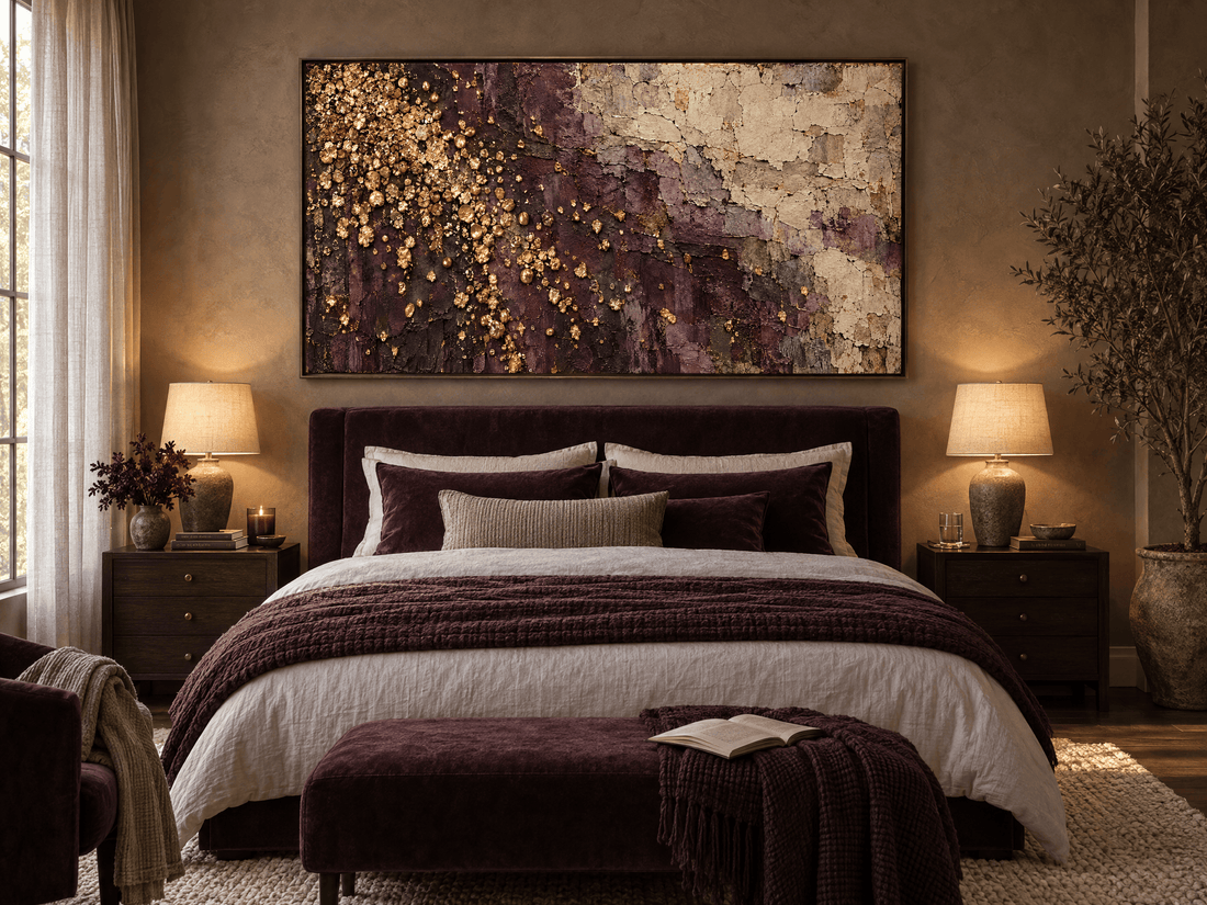 Aubergine gold canvas above a plum velvet bed