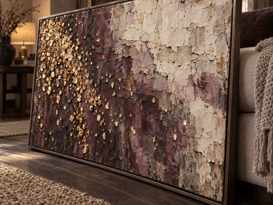 Close up of the gold leaf sitting proud of the plum and cracked cream surface