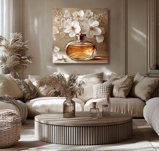 Amber Essence & White Blossom Wall Art – Elegant Floral Perfume Design