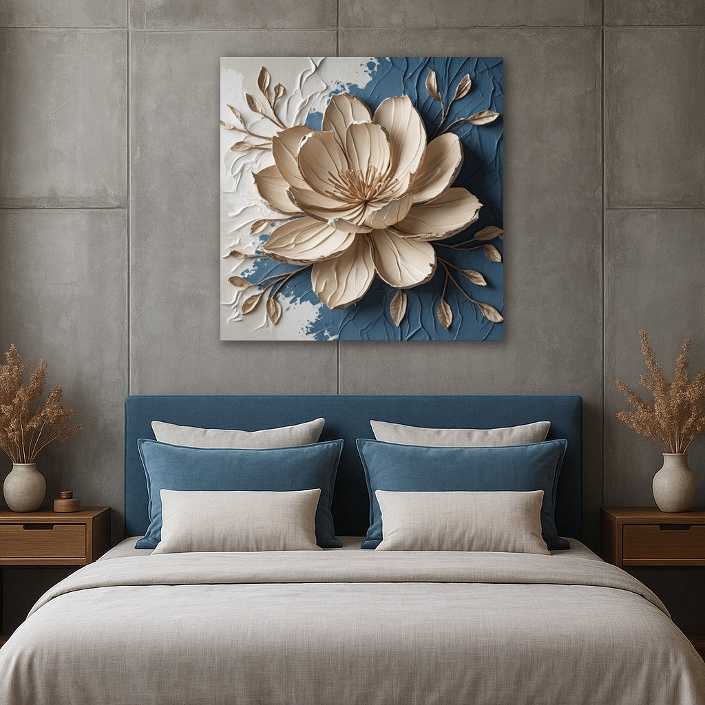 Beige Blossom Canvas Print – Elegant Floral Wall Art with Textured-Look on Blue and White (Flat Canvas)