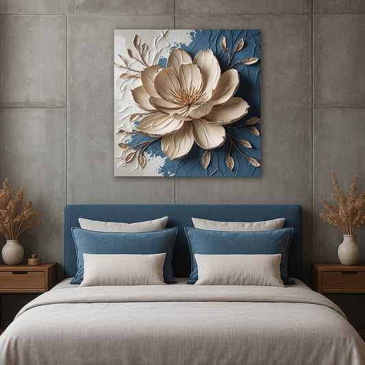Beige Blossom Canvas Print – Elegant Floral Wall Art with Textured-Look on Blue and White (Flat Canvas)
