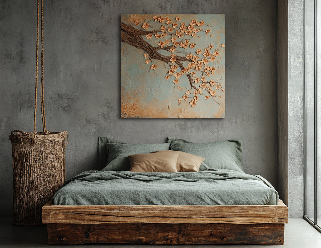 Blossom Branch Serenity – Tranquil Wall Art in Peach and Sky Blue