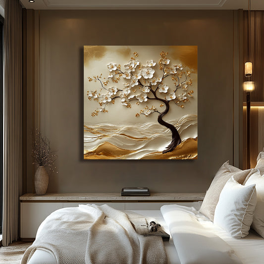 Blossom Drift – Ivory Tree on Golden Waves Wall Art Canvas