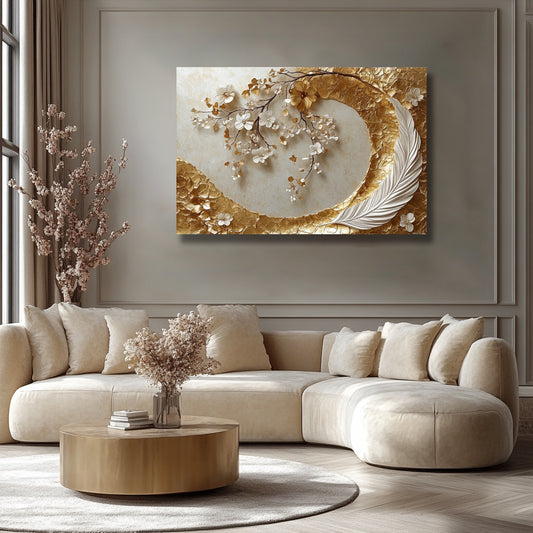 Blossom Echo – Floral & Feather Canvas Wall Art in Gold Tones