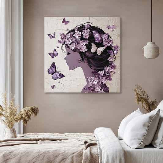 Blossom Silhouette – Purple Floral Butterfly Canvas Wall Art