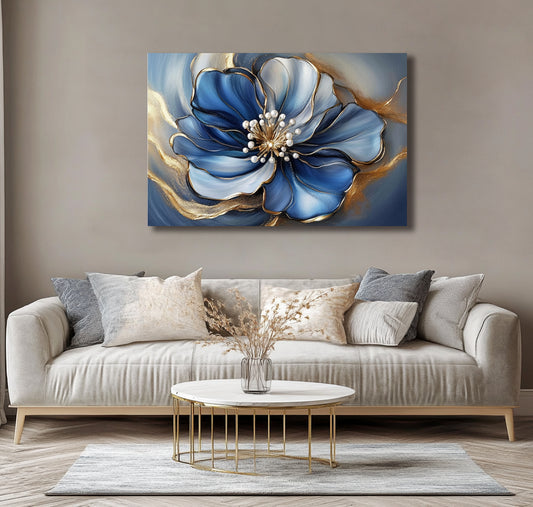 Blue Bloom Luxe – Sapphire & Gold Floral Canvas Wall Art