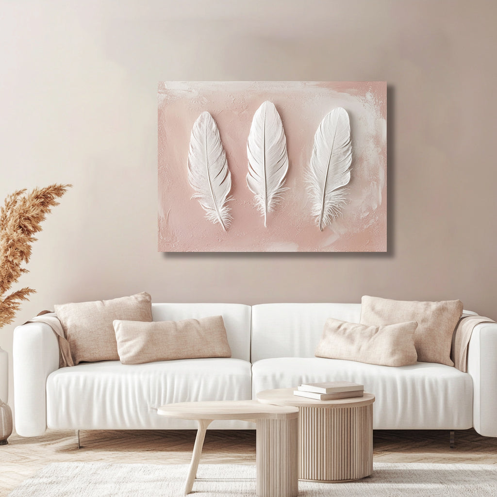 Blush Feather Trio Wall Art – Soft Boho Canvas for Serene Spaces