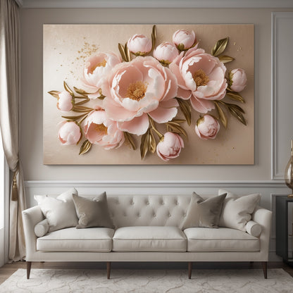 Blush Pink Peony Wall Art – Flat Canvas Print with Gold Leaf Accents for Elegant Home Décor